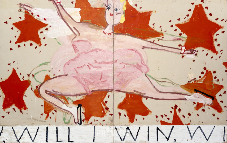 Rose Wylie, Pink Skater, (Will I Win, Will I Win), 2015, Oil on Canvas, 208x329cm